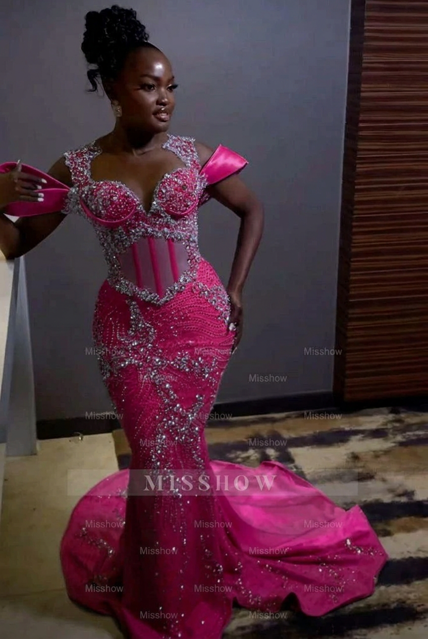 Fuchsia off-the-shoulder rhinestone mermaid prom dress