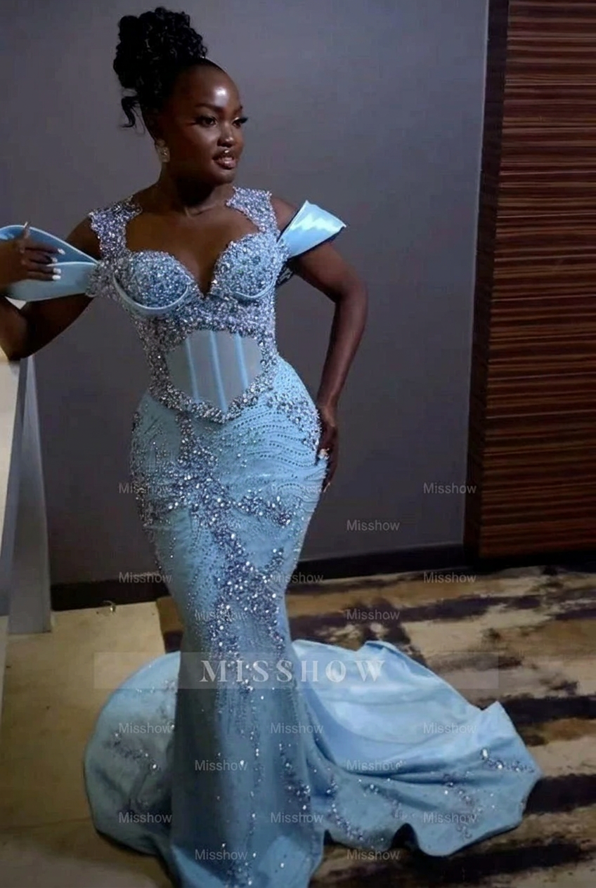 Light blue off-the-shoulder rhinestone mermaid prom dress