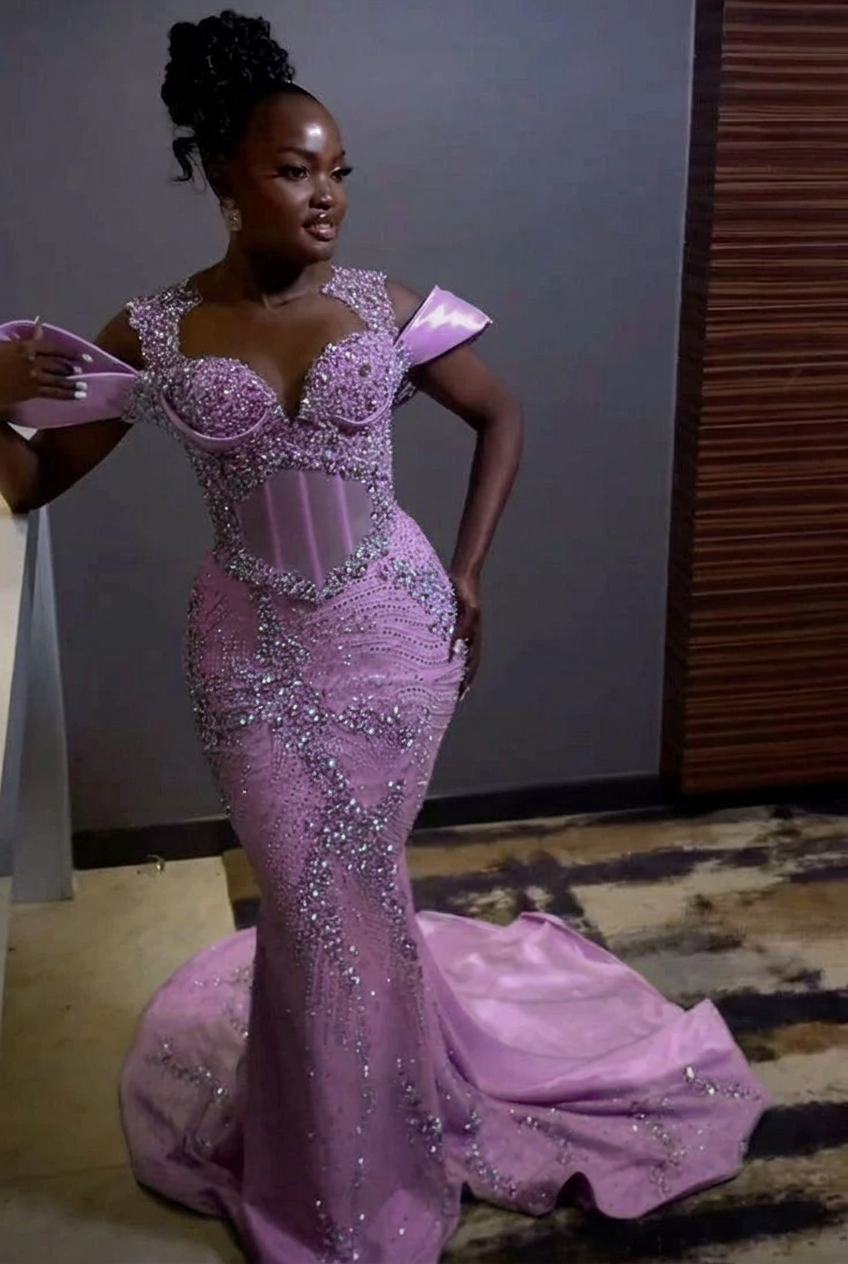 Lilac off-the-shoulder rhinestone mermaid prom dress