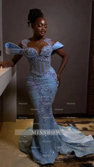 Sparkly Rhinestones Blue Sleeveless Mermaid Long Prom Dress