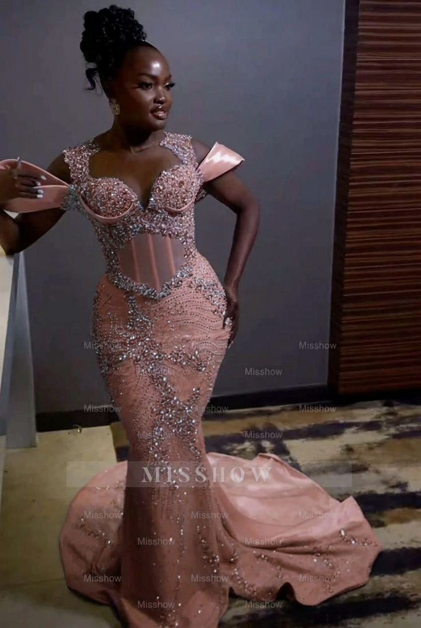 Dusty rose off-the-shoulder rhinestone mermaid prom dress