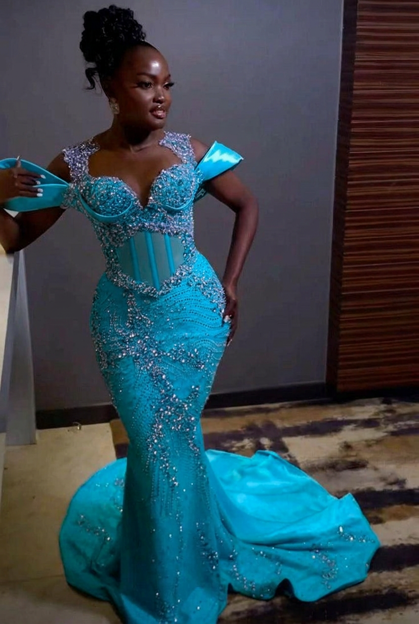 Turquoise off-the-shoulder rhinestone mermaid prom dress
