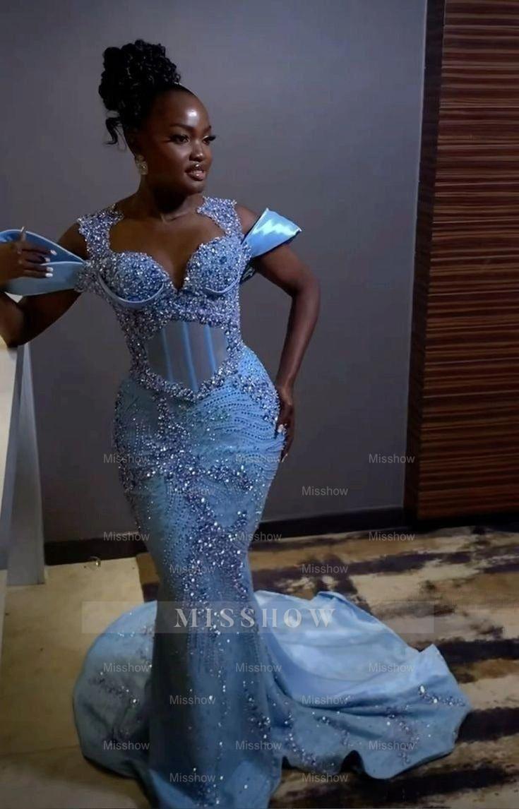 Sparkly Rhinestones Blue Sleeveless Mermaid Long Prom Dress