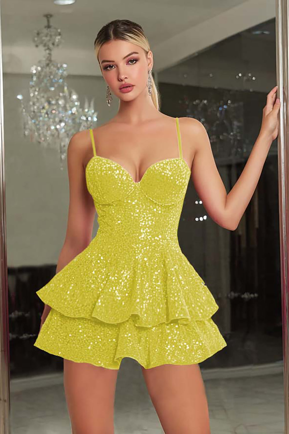 Sparkly Royal Blue A-Line Tiered Cami Short Sequin Homecoming Dress