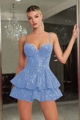 Sparkly Royal Blue A-Line Tiered Cami Short Sequin Homecoming Dress