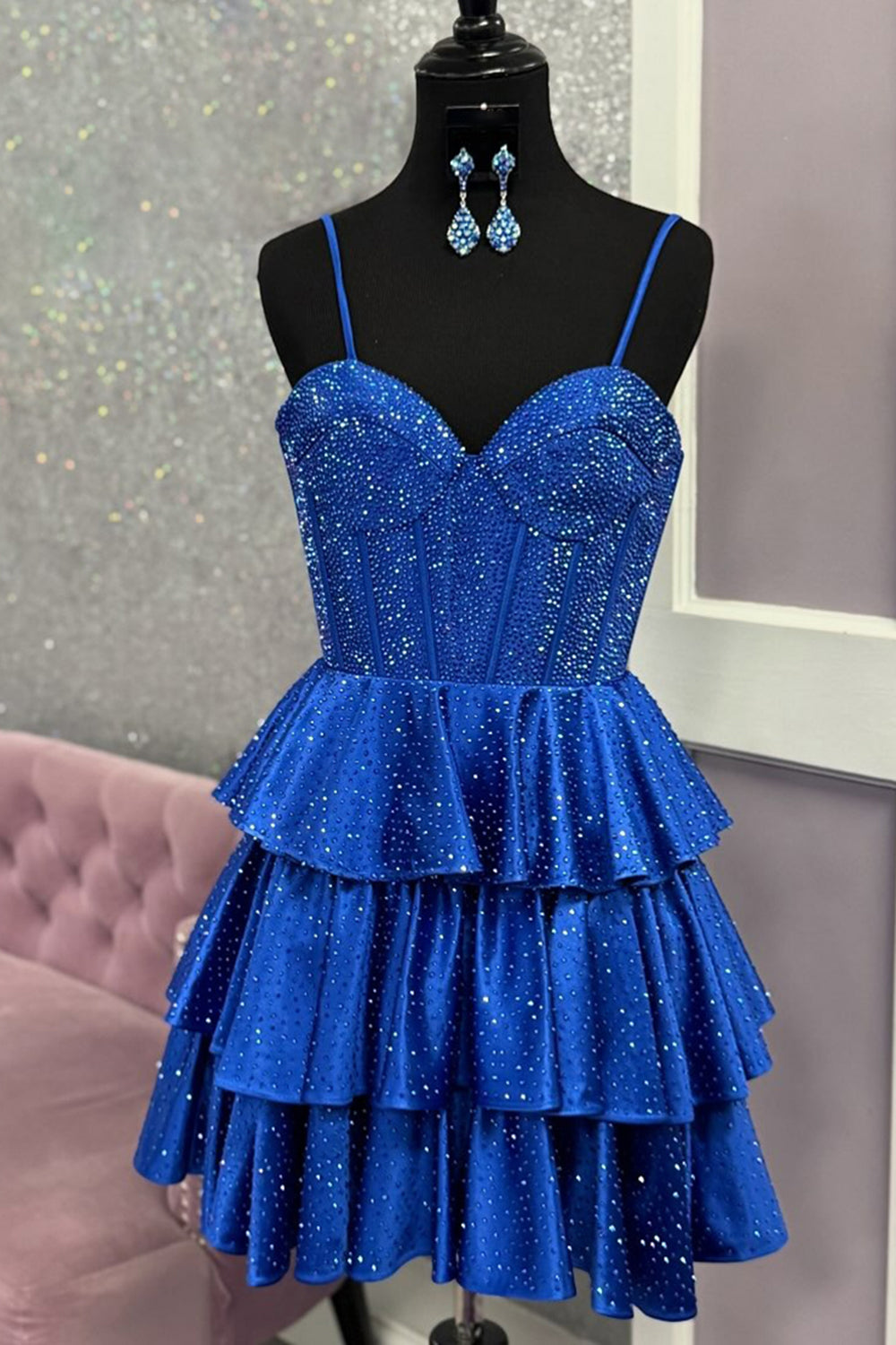 Sparkly Royal Blue Beaded A-Line Ruffled Short Corset Homecoming Dress