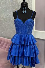 Sparkly Royal Blue Beaded A-Line Ruffled Short Corset Homecoming Dress