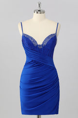 Sparkly Royal Blue Bodycon V Neck Short Corset Homecoming Dress with Beading