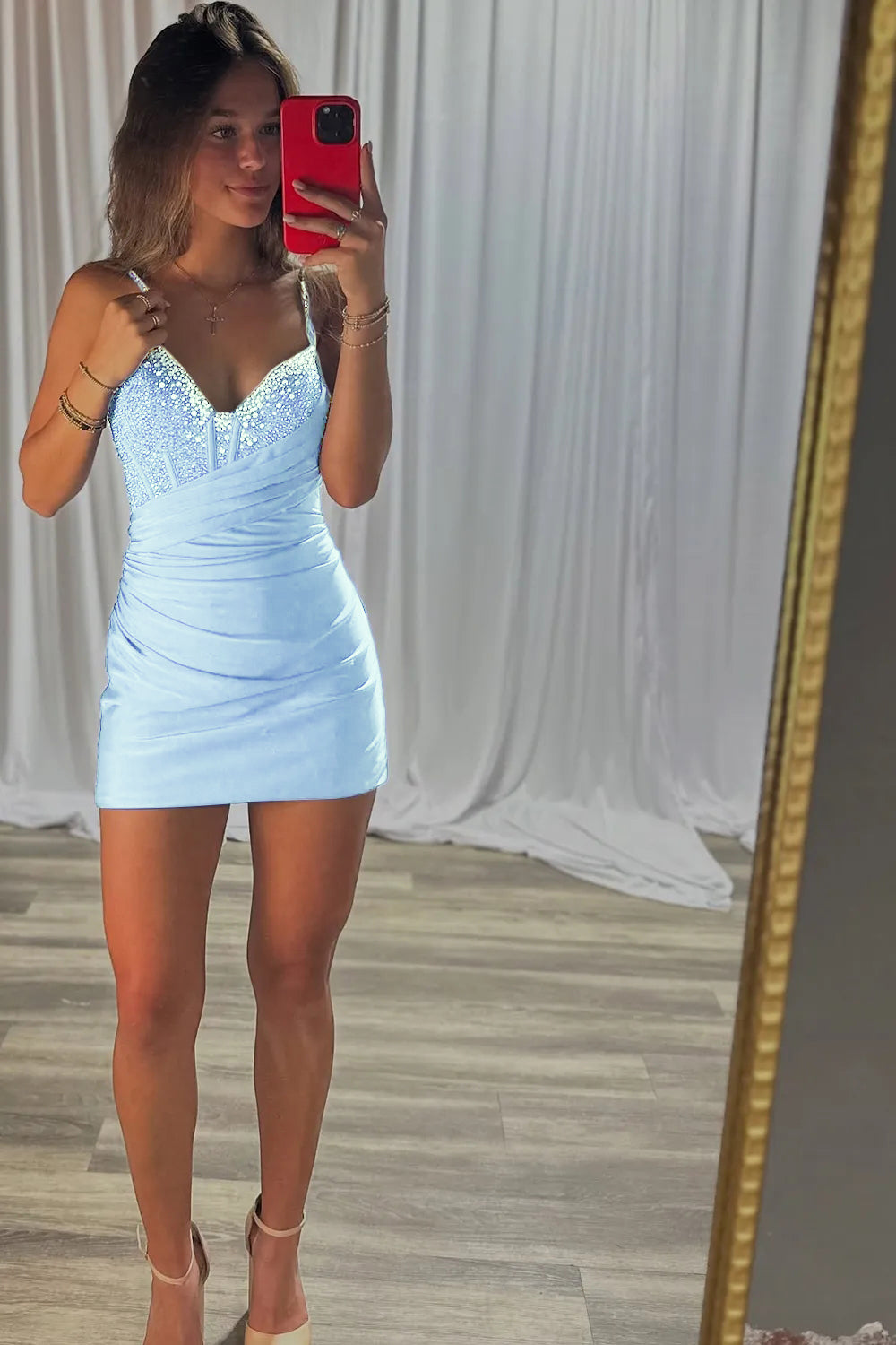 Sparkly Royal Blue Bodycon V Neck Short Corset Homecoming Dress with Beading