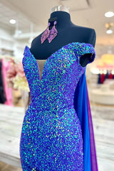 Sparkly Royal Blue Long Sequins Homecoming Jumpsuits with Cape