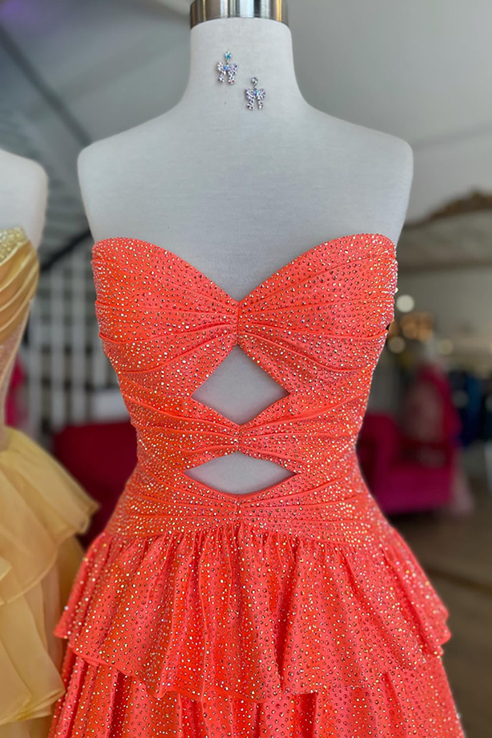 Sparkly Royal Blue Satin Cut Out A Line Tiered Short Homecoming Dress with Beading