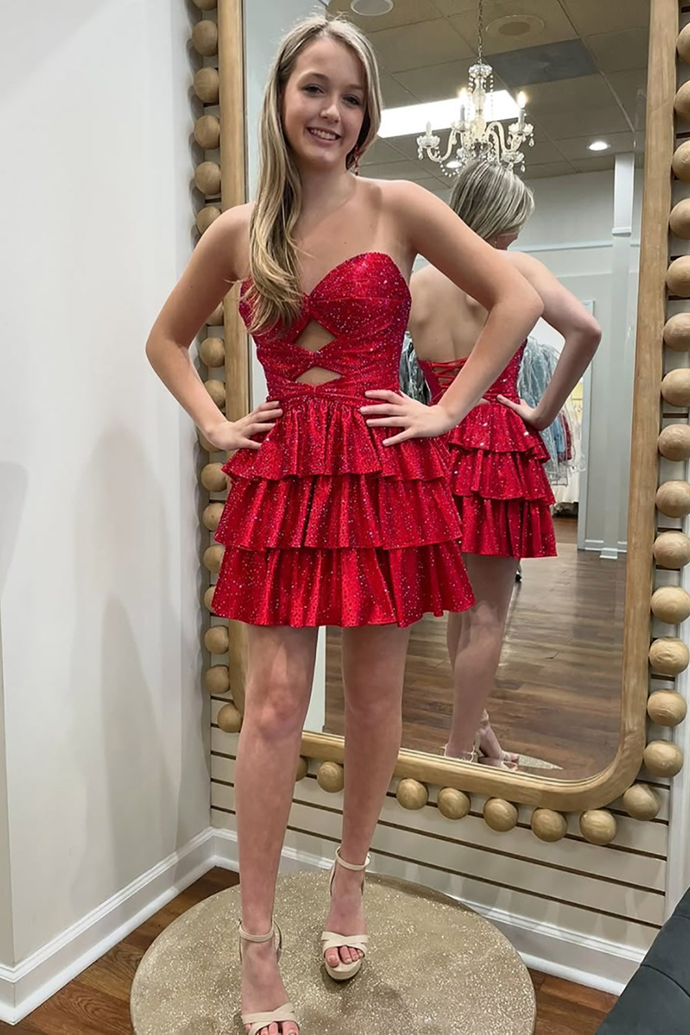 Sparkly Royal Blue Satin Cut Out A Line Tiered Short Homecoming Dress with Beading