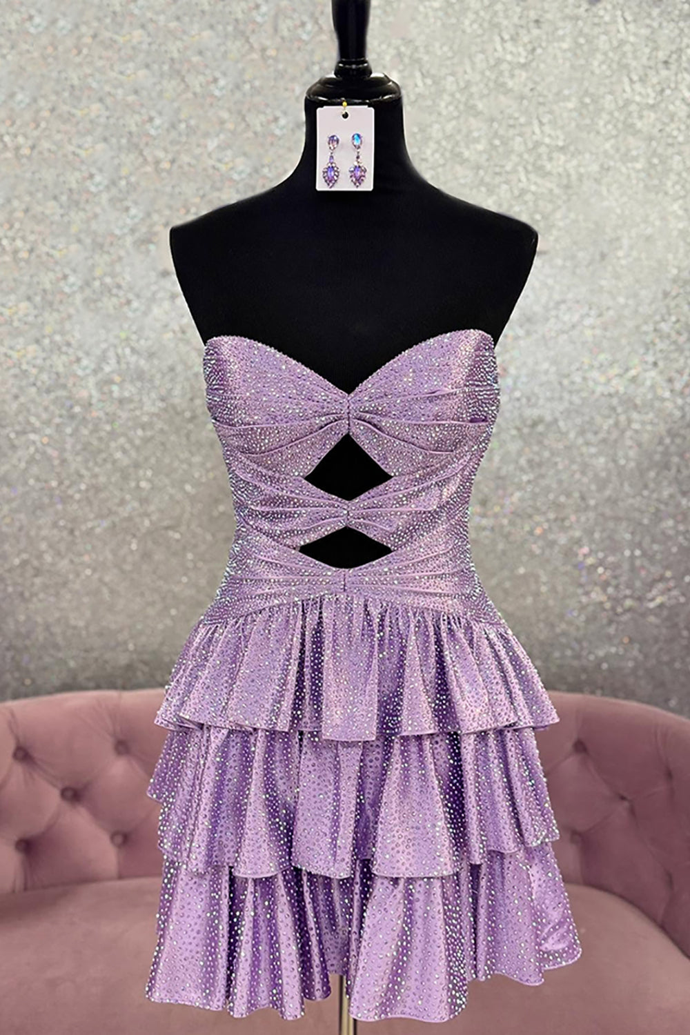 Sparkly Royal Blue Satin Cut Out A Line Tiered Short Homecoming Dress with Beading