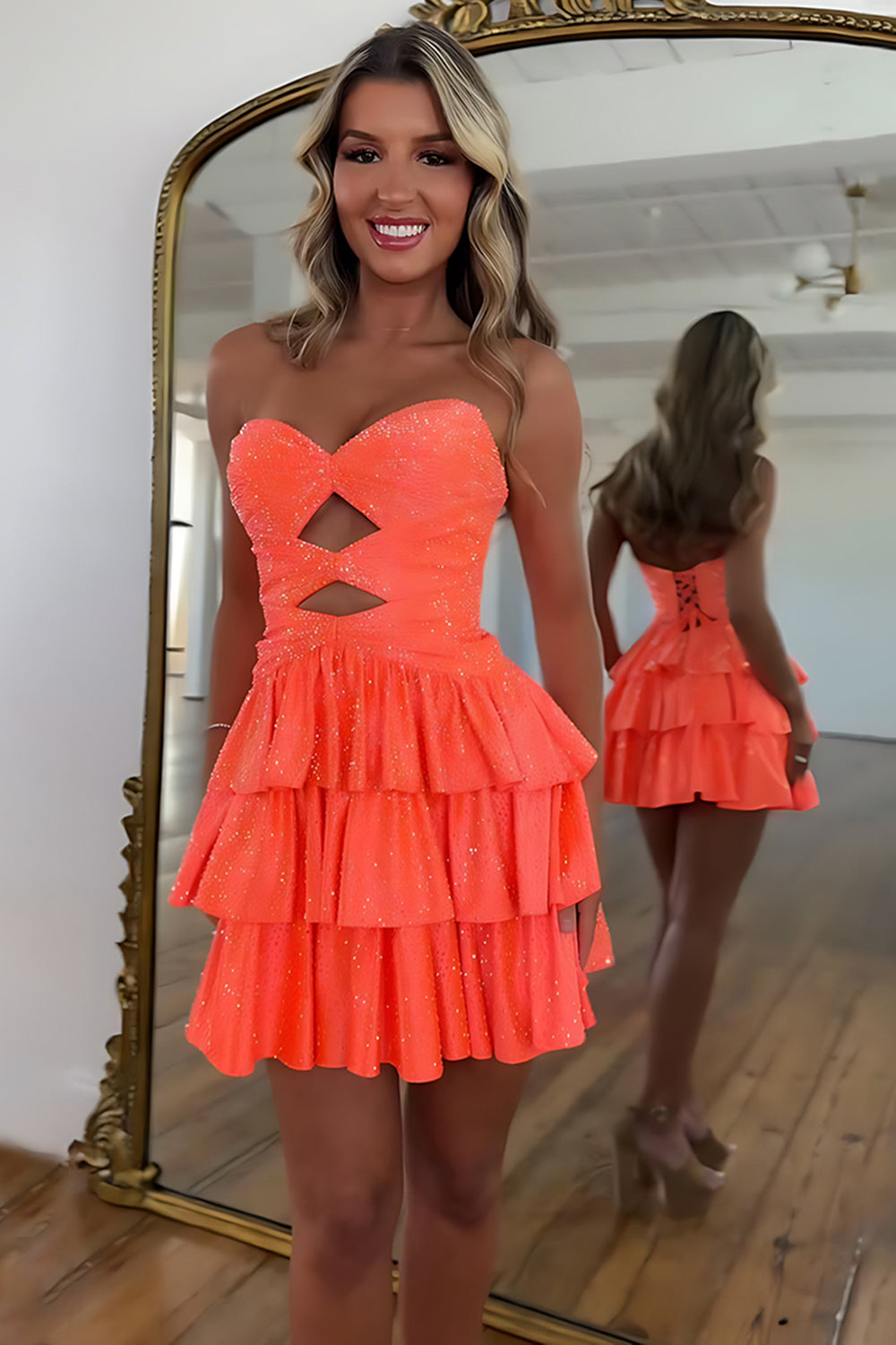 Sparkly Royal Blue Satin Cut Out A Line Tiered Short Homecoming Dress with Beading