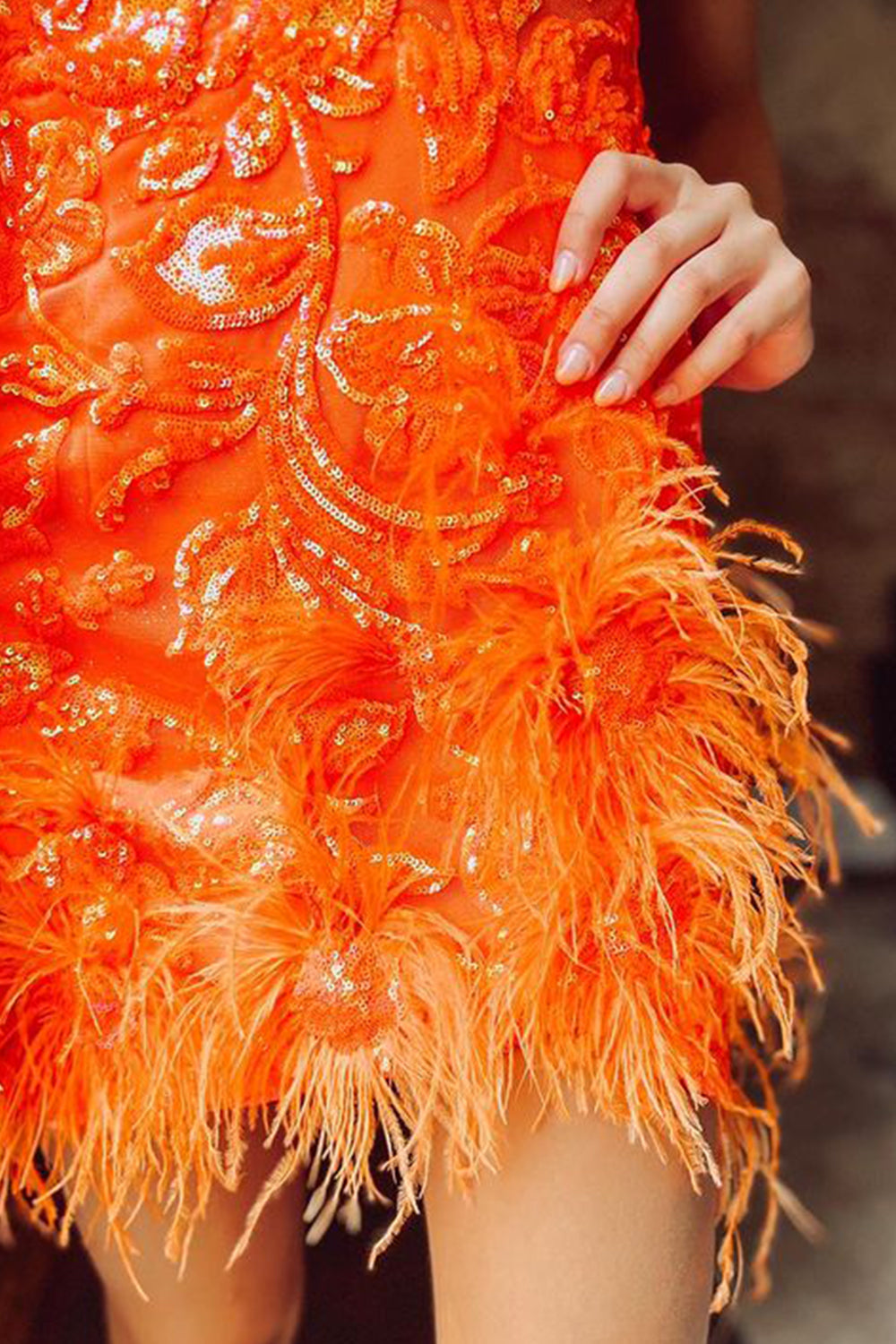 Sparkly Sheath Deep V Neck Orange Sequins Short Homecoming Dress with Feather
