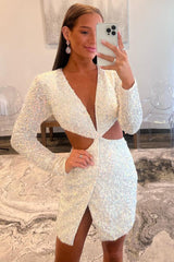 Sparkly Sheath Deep V Neck White Sequins Short Homecoming Dress with Keyhole