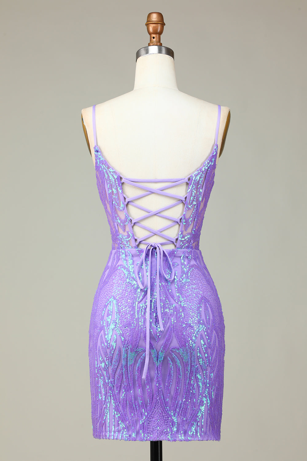 Sparkly Sheath Spaghetti Straps Lilac Sequins Short Homecoming Dress with Criss Cross Back