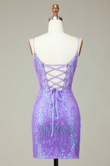 Sparkly Sheath Spaghetti Straps Lilac Sequins Short Homecoming Dress with Criss Cross Back
