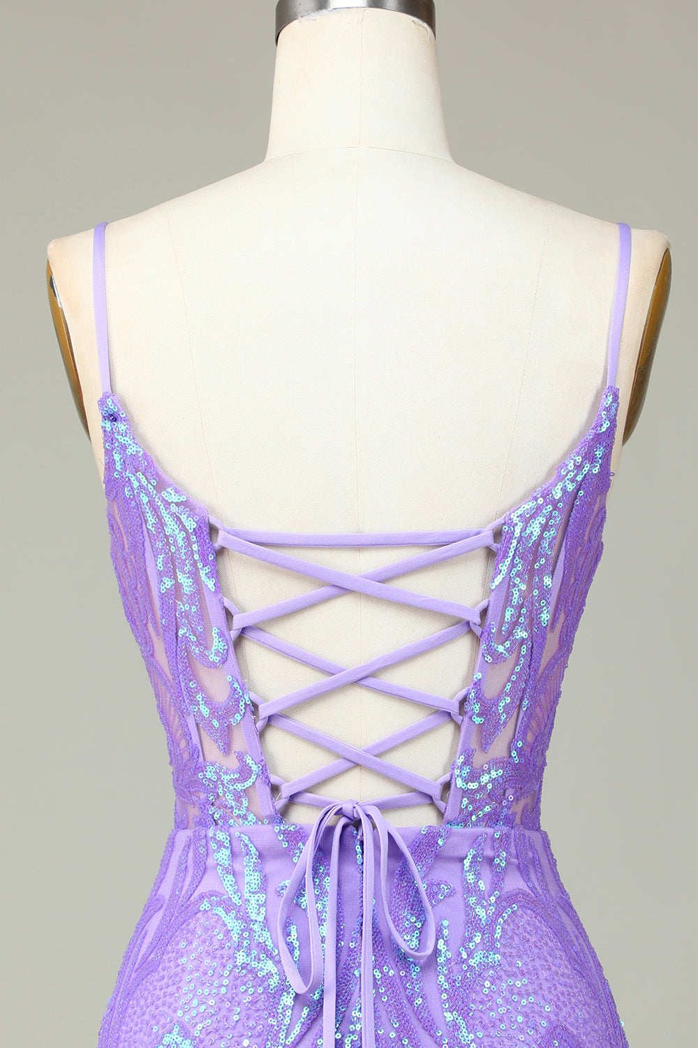 Sparkly Sheath Spaghetti Straps Lilac Sequins Short Homecoming Dress with Criss Cross Back