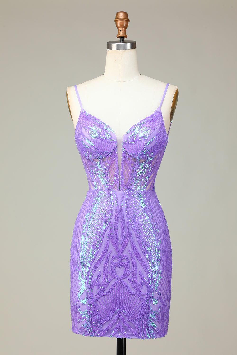 Sparkly Sheath Spaghetti Straps Lilac Sequins Short Homecoming Dress with Criss Cross Back