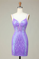 Sparkly Sheath Spaghetti Straps Lilac Sequins Short Homecoming Dress with Criss Cross Back