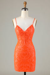 Sparkly Sheath Spaghetti Straps Orange Sequins Corset Homecoming Dress
