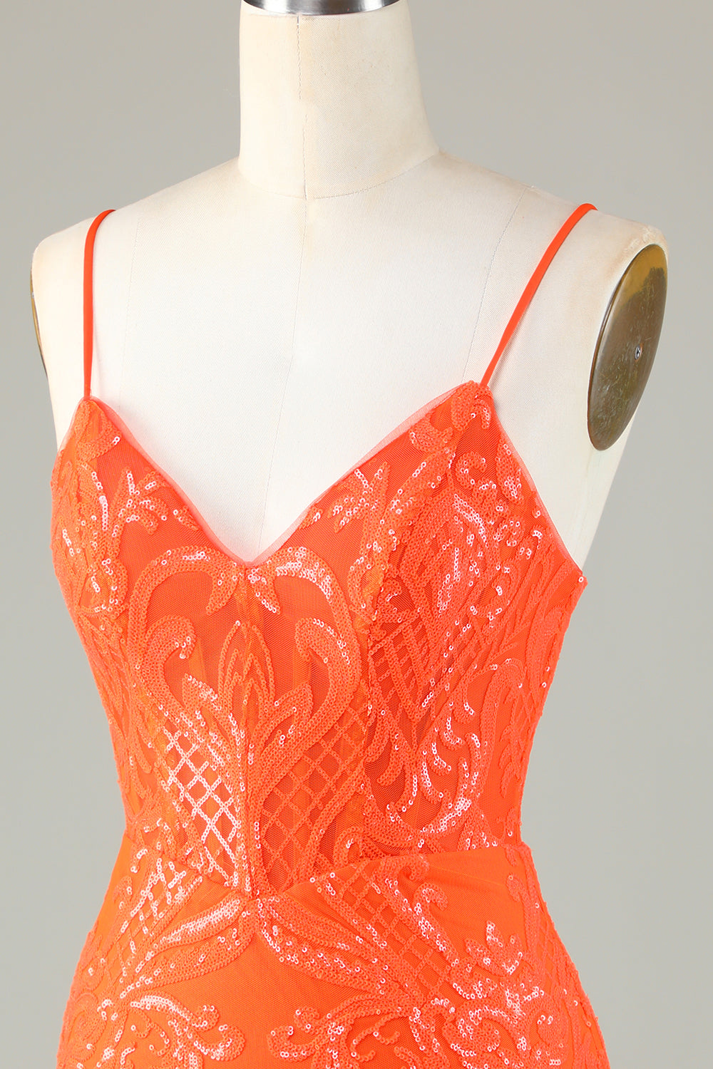 Sparkly Sheath Spaghetti Straps Orange Sequins Corset Homecoming Dress