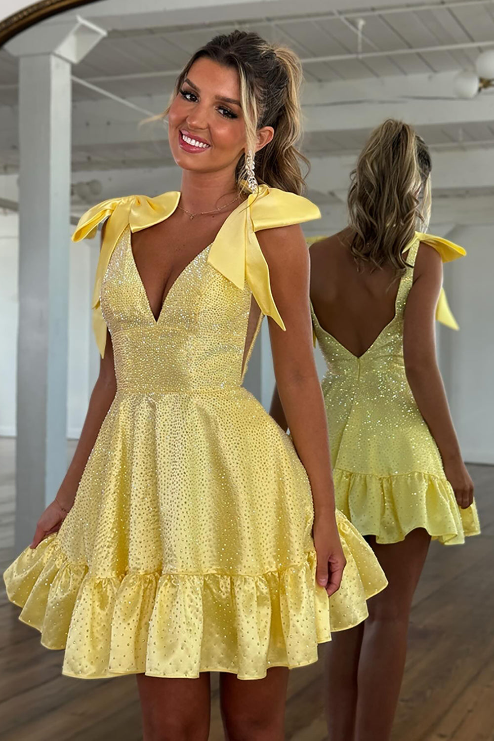 Sparkly White A Line Ruffled Short Beaded Homecoming Dress with Bows