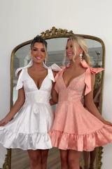 Sparkly White A Line Ruffled Short Beaded Homecoming Dress with Bows