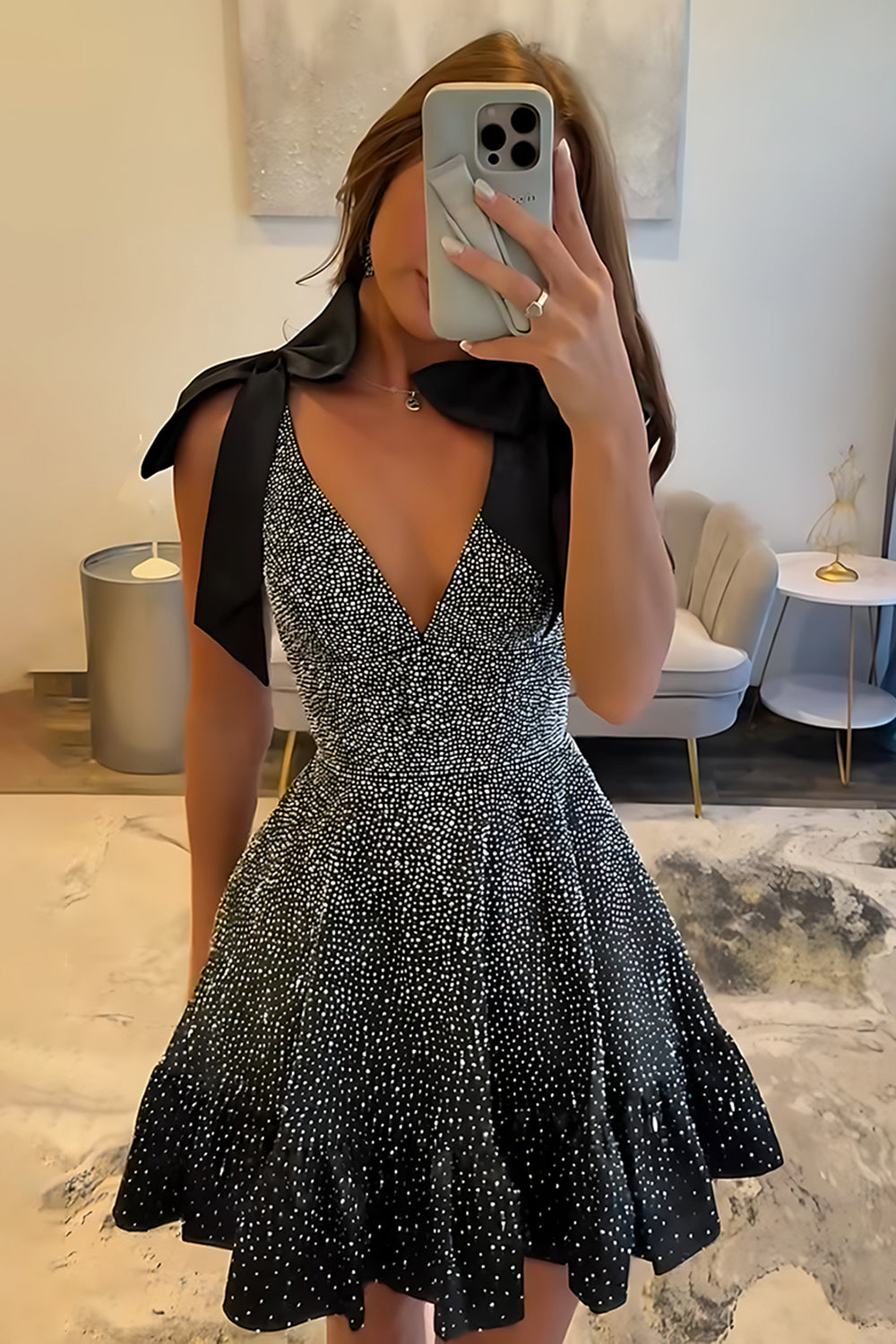 Sparkly White A Line Ruffled Short Beaded Homecoming Dress with Bows