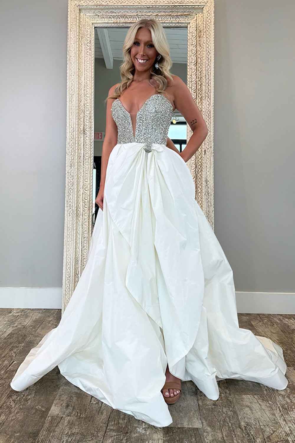 White sweetheart beaded ball gown prom dress