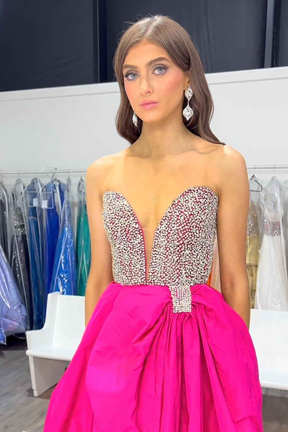 Hot pink sweetheart beaded ball gown prom dress