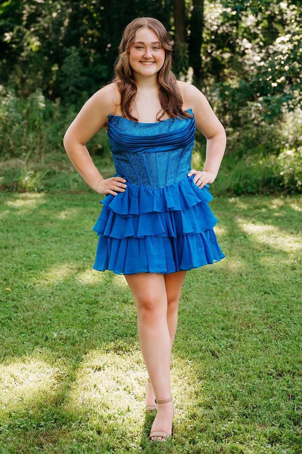 Sparkly Yellow A Line Strapless Beaded Short Corset Homecoming Dress with Ruffles