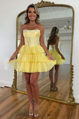 Sparkly Yellow A Line Strapless Beaded Short Corset Homecoming Dress with Ruffles