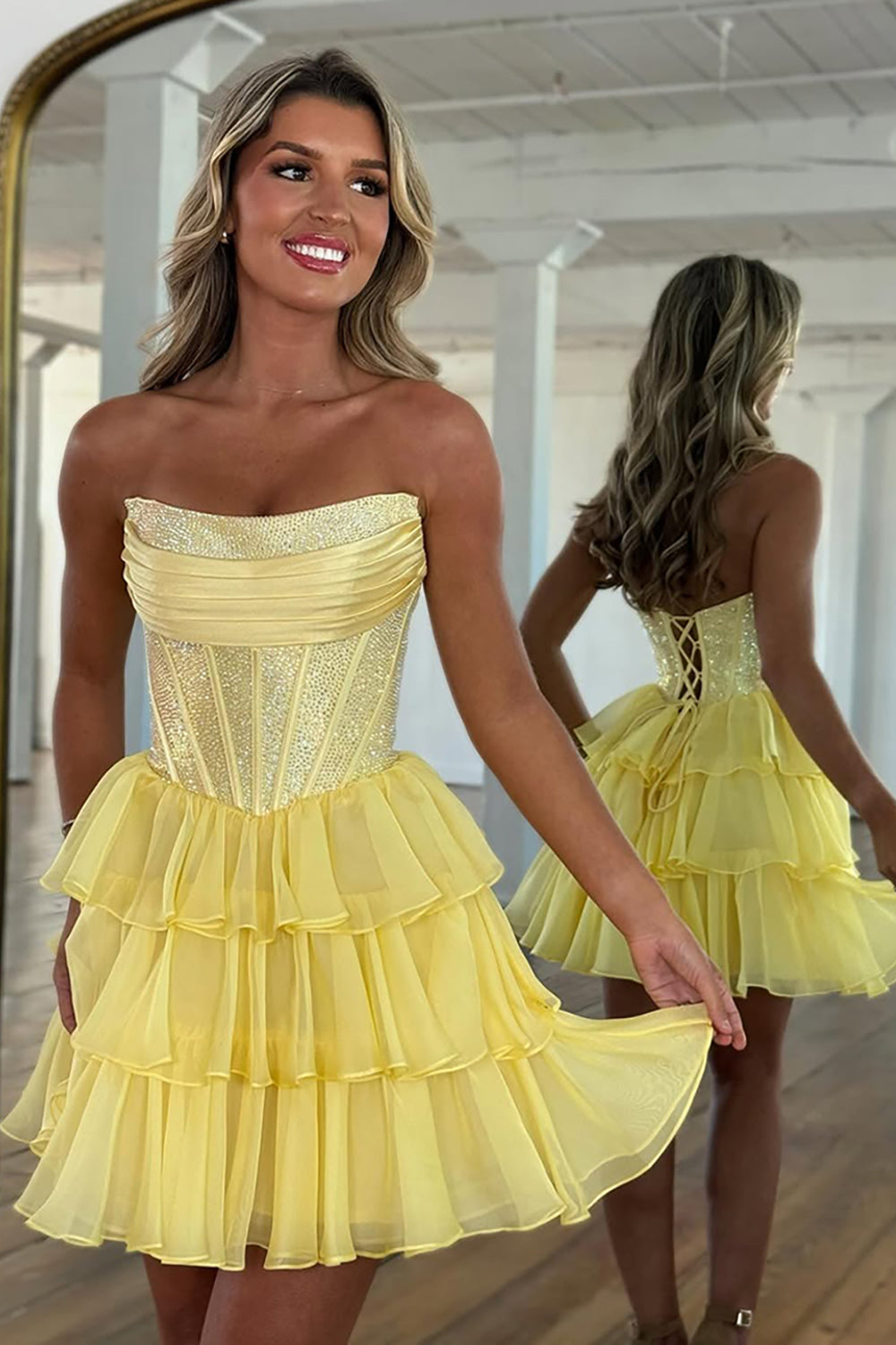 Sparkly Yellow A Line Strapless Beaded Short Corset Homecoming Dress with Ruffles