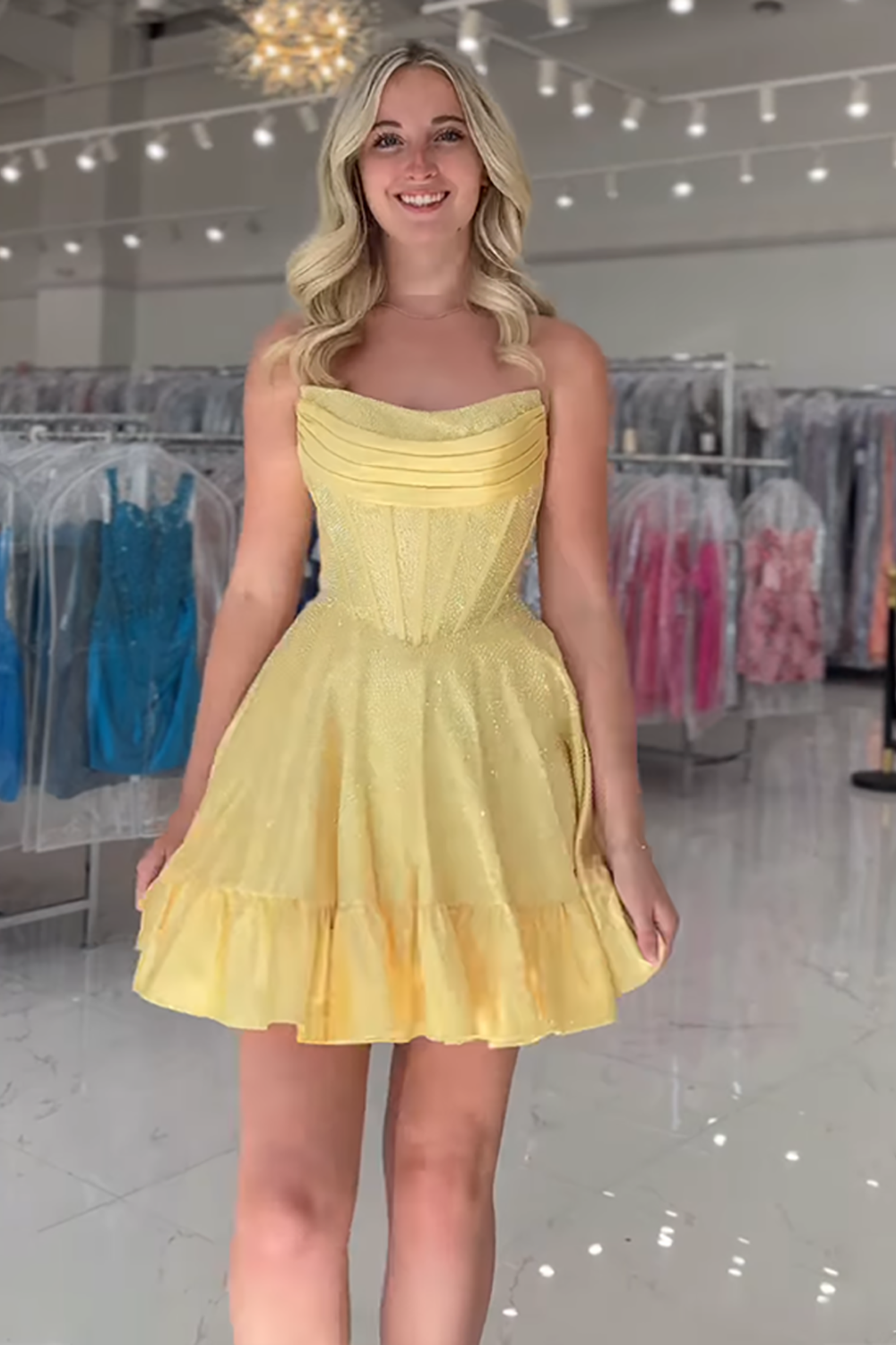 Sparkly Yellow Strapless Satin Beaded Short Corset Homecoming Dress