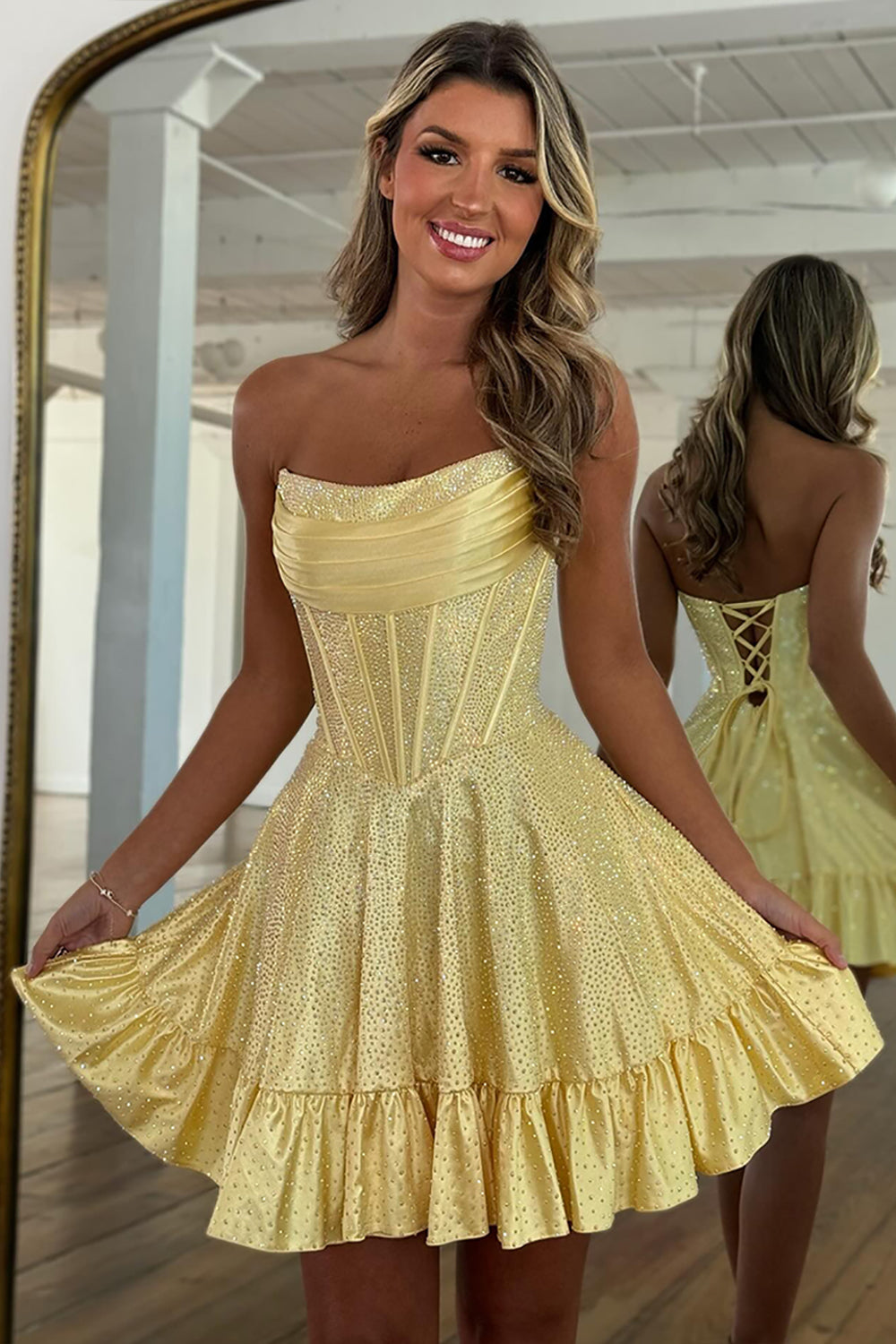 Sparkly Yellow Strapless Satin Beaded Short Corset Homecoming Dress
