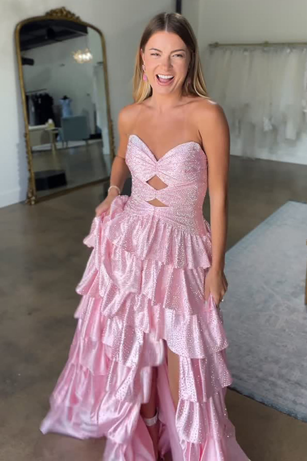 Pink sweetheart beaded A-line prom dress