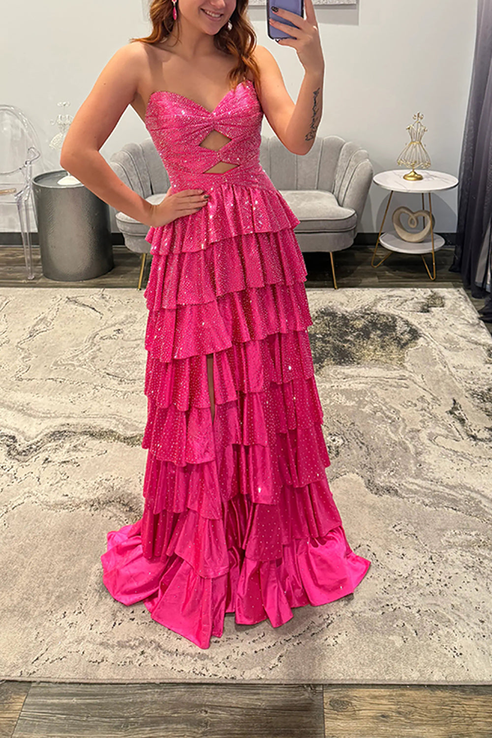 Hot pink sweetheart beaded A-line prom dress