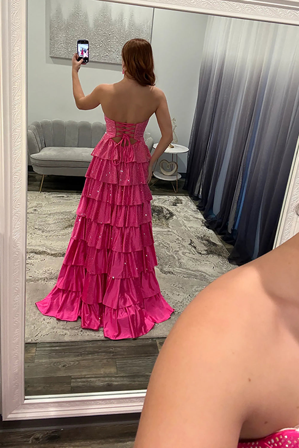 Hot pink sweetheart beaded A-line prom dress