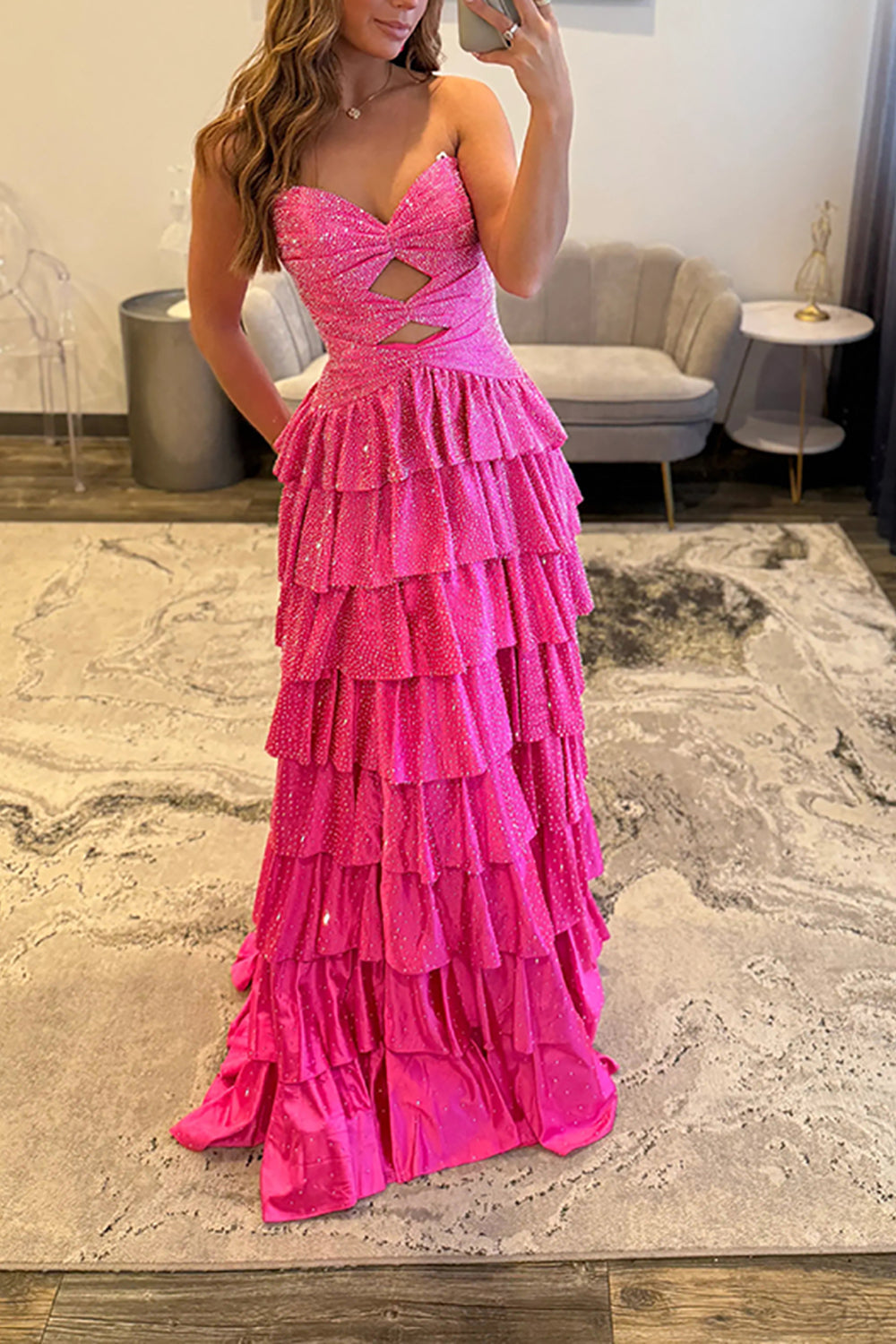 Hot pink sweetheart beaded A-line prom dress