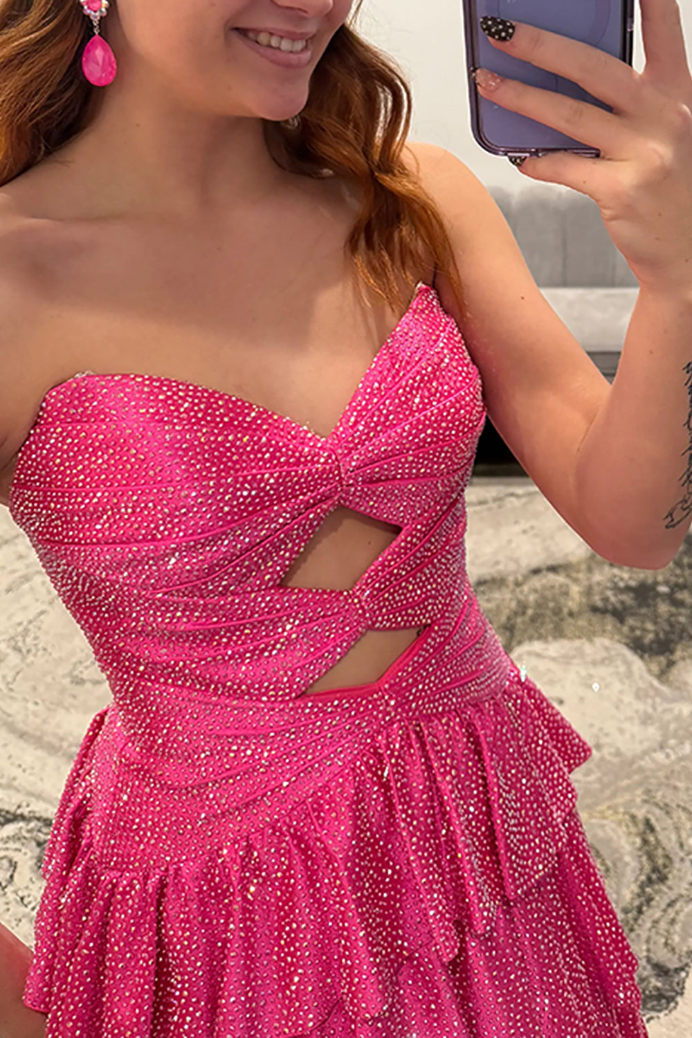 Hot pink sweetheart beaded A-line prom dress