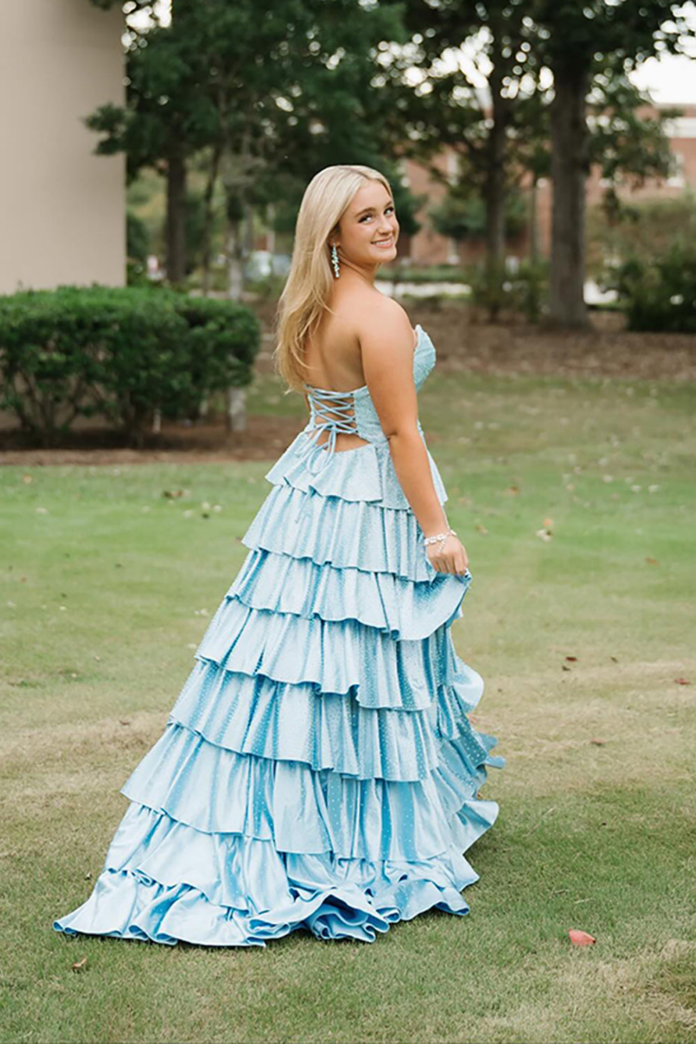 Light blue sweetheart beaded A-line prom dress