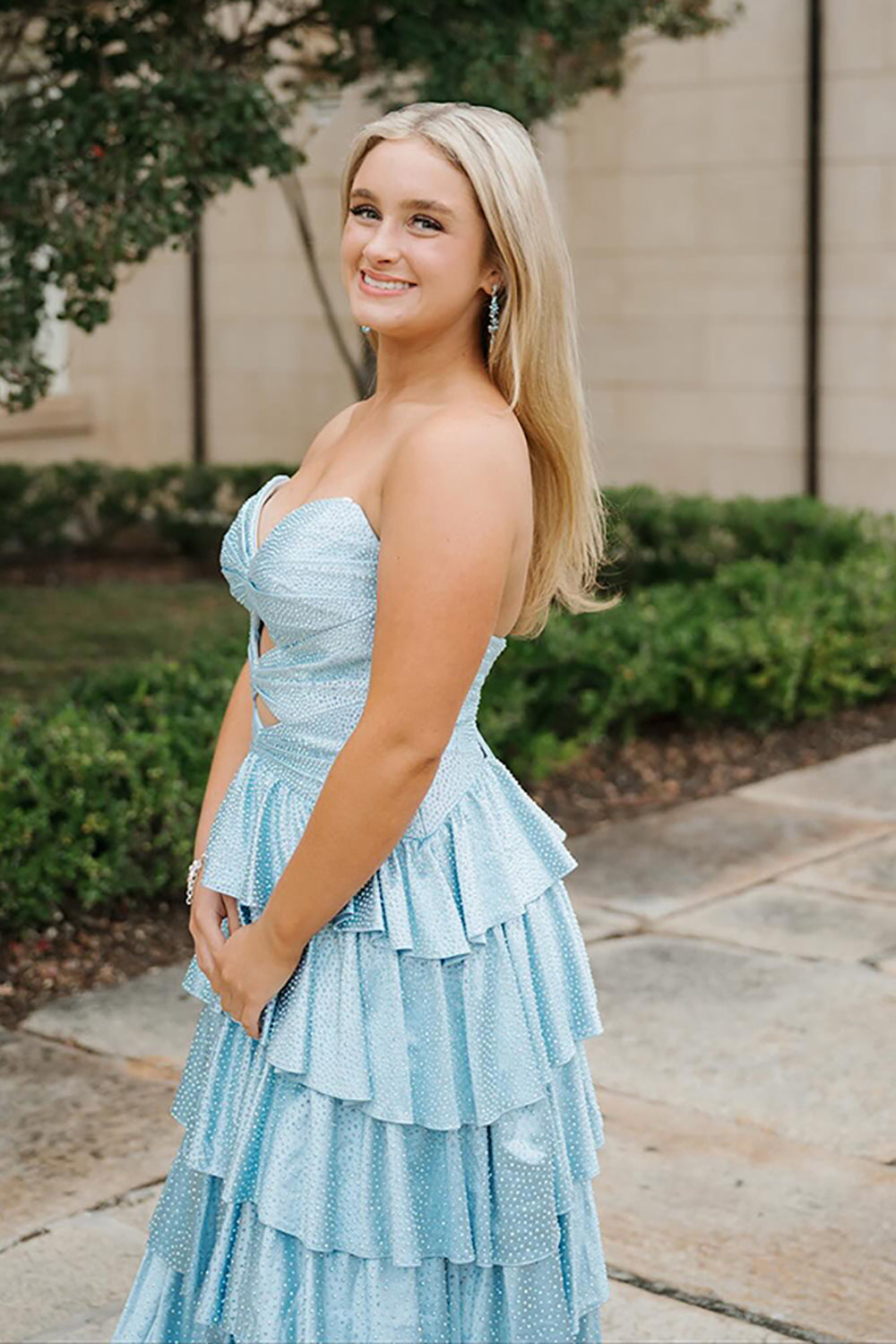 Light blue sweetheart beaded A-line prom dress