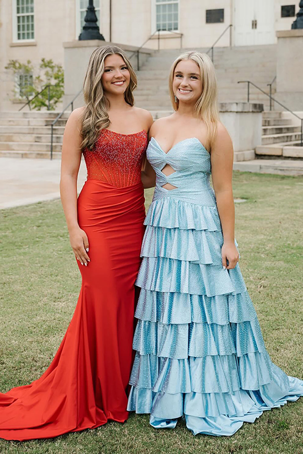 Light blue sweetheart beaded A-line prom dress
