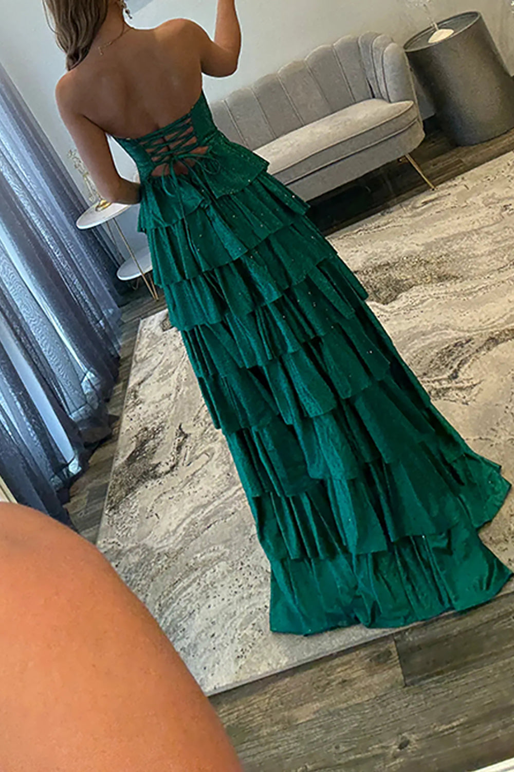 Dark green sweetheart beaded A-line prom dress