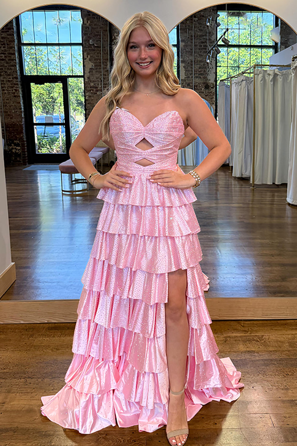 Pink sweetheart beaded A-line prom dress