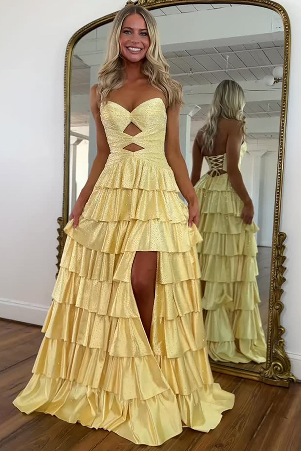 Yellow sweetheart beaded A-line prom dress