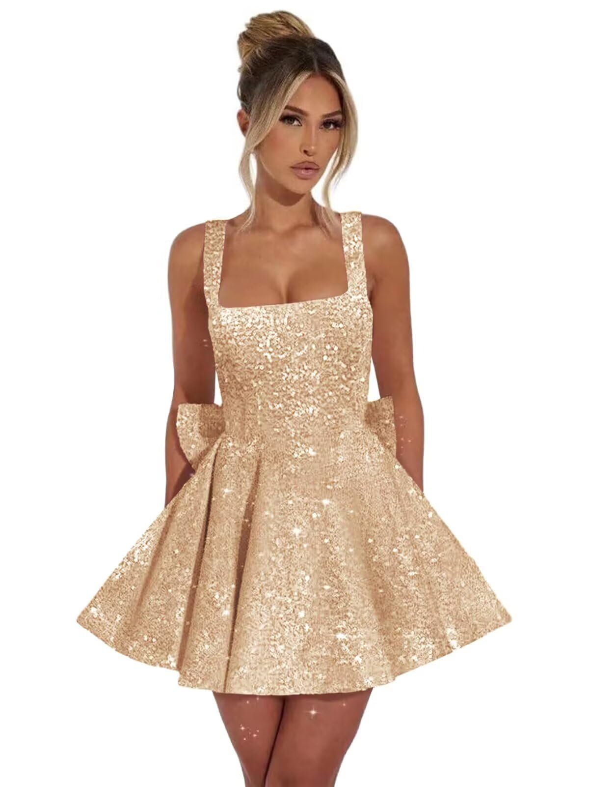 MisShow Sparkly Sequin Homecoming Dresses for Teens Square Neck Short Prom Dress Cocktail Party Gowns with Bow