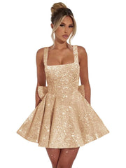 MisShow Sparkly Sequin Homecoming Dresses for Teens Square Neck Short Prom Dress Cocktail Party Gowns with Bow